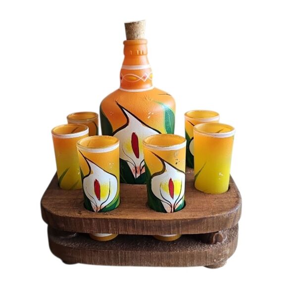 Vintage Grupo Corona Mexican Barware Set Hand-Painted Decanter + 6 Shot Glasses - Picture 1 of 16